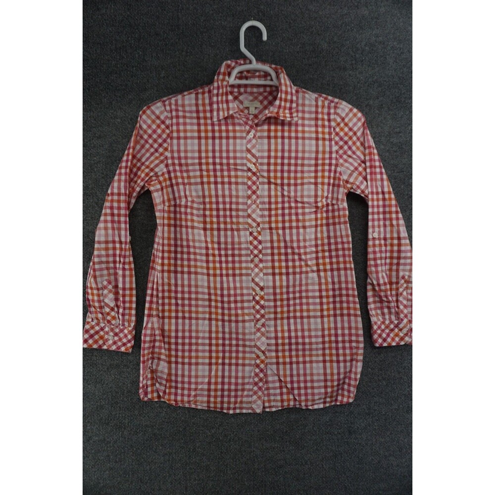 Talbots Womens Small Plaid Button Up Shirt Red Orange Check Roll Tab Sleeve S